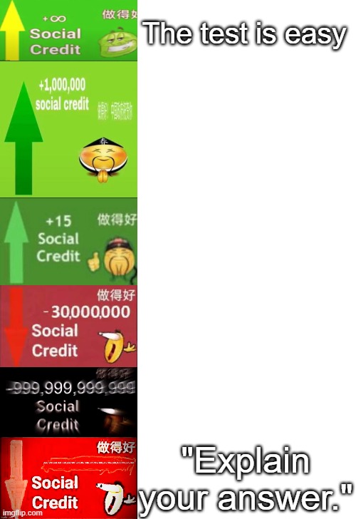 "The test will be easy!" | The test is easy; "Explain your answer." | image tagged in levels of social credit | made w/ Imgflip meme maker