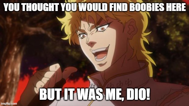 No boobies for you! | YOU THOUGHT YOU WOULD FIND BOOBIES HERE; BUT IT WAS ME, DIO! | image tagged in but it was me dio | made w/ Imgflip meme maker