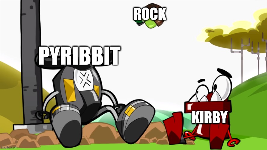 Kirby boss battles be like | ROCK; PYRIBBIT; KIRBY | image tagged in zorch and seismo | made w/ Imgflip meme maker