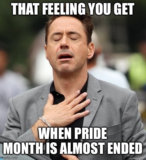 Relief Robert Downey Jr. | THAT FEELING YOU GET; WHEN PRIDE MONTH IS ALMOST ENDED | image tagged in relief robert downey jr | made w/ Imgflip meme maker