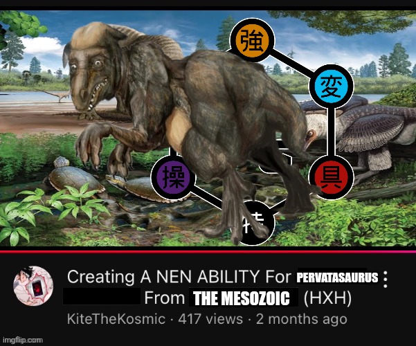 Creating a Nen Ability for (  ) from (  )  (HXH)  YouTube Video | PERVATASAURUS; THE MESOZOIC | image tagged in creating a nen ability for from hxh youtube video,memes,dinosaur,shitpost,hunter x hunter,anime meme | made w/ Imgflip meme maker