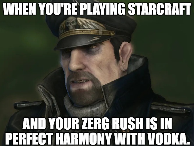 Slavic Alexei Stukov | WHEN YOU'RE PLAYING STARCRAFT; AND YOUR ZERG RUSH IS IN PERFECT HARMONY WITH VODKA. | image tagged in slavic alexei stukov,slavic starcraft,slavic lives matter | made w/ Imgflip meme maker