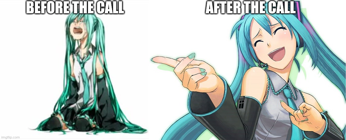 BEFORE THE CALL AFTER THE CALL | image tagged in crying miku hatsune,hatsune miku | made w/ Imgflip meme maker