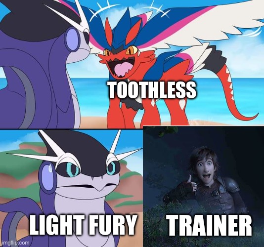 How to Train Your Dragon in a Nutshell - Pokemon Edition | TOOTHLESS; TRAINER; LIGHT FURY | image tagged in koraidon's wings,pokemon | made w/ Imgflip meme maker