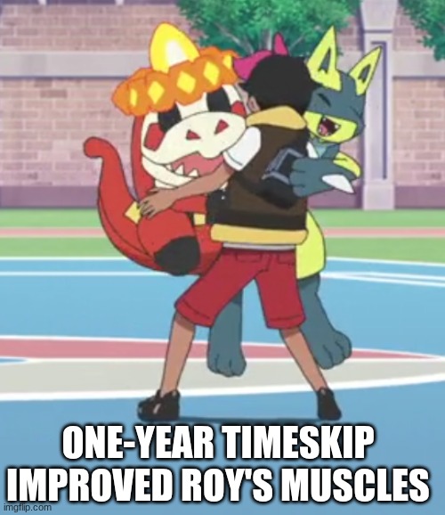Upper body strength | ONE-YEAR TIMESKIP IMPROVED ROY'S MUSCLES | image tagged in memes,funny,pokemon,anime | made w/ Imgflip meme maker