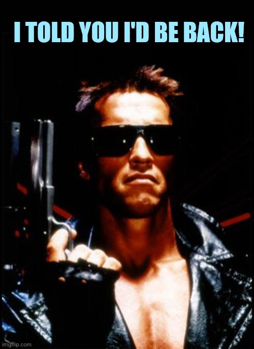 terminator arnold schwarzenegger | I TOLD YOU I'D BE BACK! | image tagged in terminator arnold schwarzenegger | made w/ Imgflip meme maker
