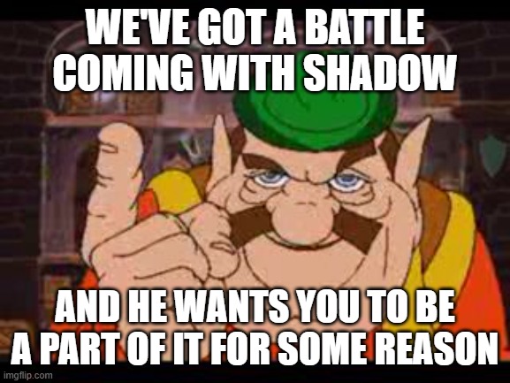 Morshu | WE'VE GOT A BATTLE COMING WITH SHADOW AND HE WANTS YOU TO BE A PART OF IT FOR SOME REASON | image tagged in morshu | made w/ Imgflip meme maker