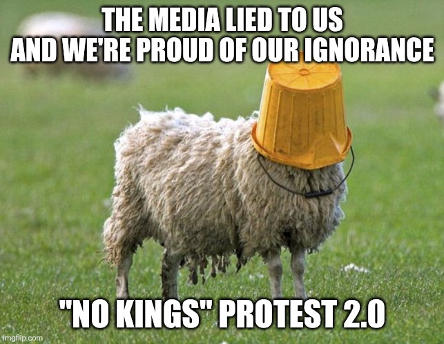 none are so blind as those who refuse to see | THE MEDIA LIED TO US
AND WE'RE PROUD OF OUR IGNORANCE; "NO KINGS" PROTEST 2.0 | image tagged in sheep bucket head | made w/ Imgflip meme maker