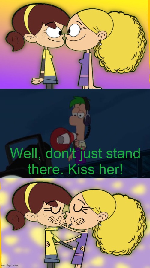 Ferb Tells Lyra Loud to Kiss Whitney | image tagged in ferb tells who to kiss who,phineas and ferb,the loud house | made w/ Imgflip meme maker