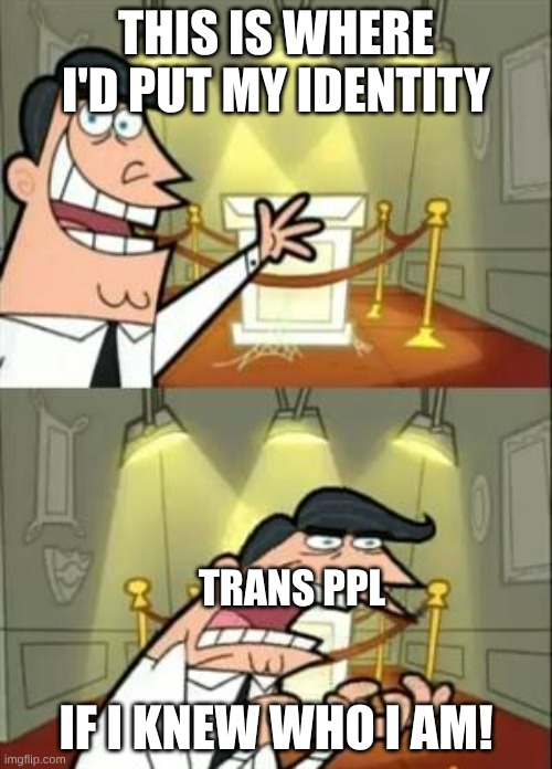 This Is Where I'd Put My Trophy If I Had One | THIS IS WHERE I'D PUT MY IDENTITY; TRANS PPL; IF I KNEW WHO I AM! | image tagged in memes,this is where i'd put my trophy if i had one | made w/ Imgflip meme maker