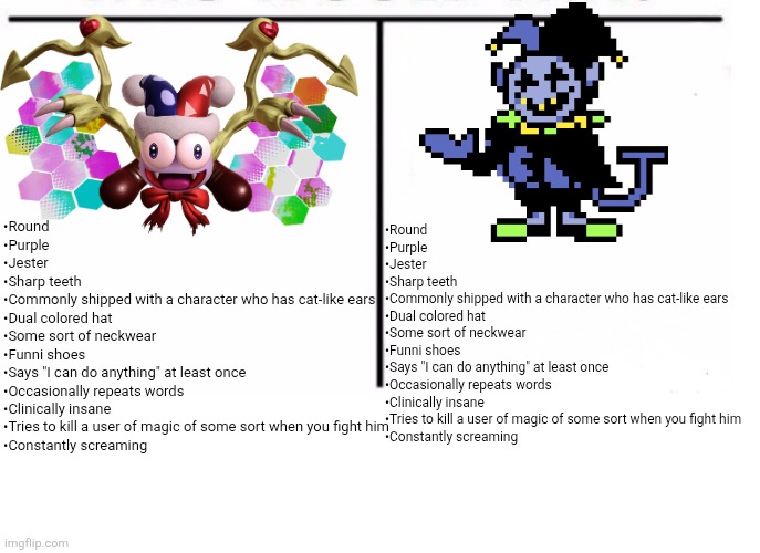 GUYS I HAVE A THEORY | •Round
•Purple
•Jester
•Sharp teeth
•Commonly shipped with a character who has cat-like ears
•Dual colored hat
•Some sort of neckwear 
•Funni shoes
•Says "I can do anything" at least once
•Occasionally repeats words
•Clinically insane
•Tries to kill a user of magic of some sort when you fight him
•Constantly screaming; •Round
•Purple
•Jester
•Sharp teeth
•Commonly shipped with a character who has cat-like ears
•Dual colored hat
•Some sort of neckwear 
•Funni shoes
•Says "I can do anything" at least once
•Occasionally repeats words
•Clinically insane
•Tries to kill a user of magic of some sort when you fight him
•Constantly screaming | image tagged in comparison table | made w/ Imgflip meme maker