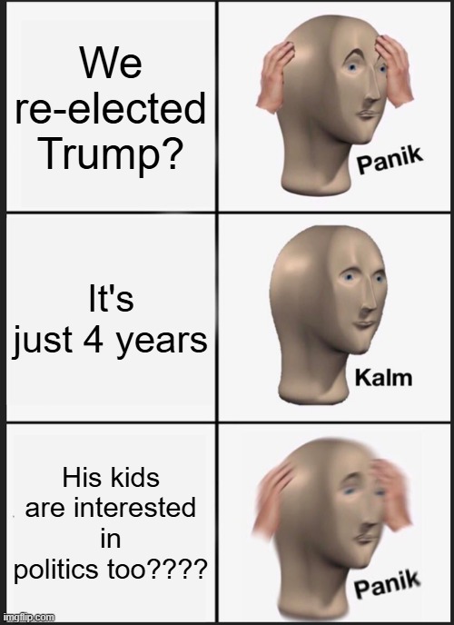 Panik Kalm Panik | We re-elected Trump? It's just 4 years; His kids are interested in politics too???? | image tagged in memes,panik kalm panik | made w/ Imgflip meme maker