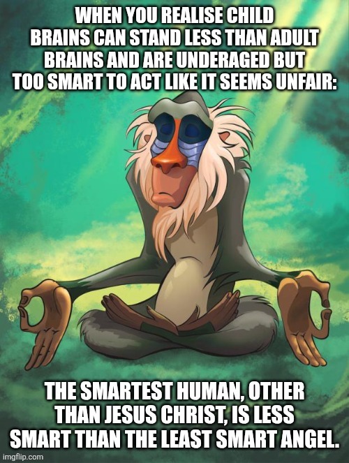 Gotta stop the child v.s. adult "this is unfair" thing, after all. | image tagged in jesus,angel,human,kids vs adults | made w/ Imgflip meme maker
