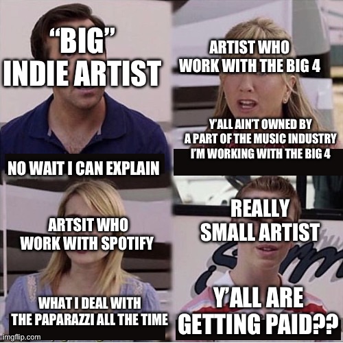You guys are getting paid template | “BIG” INDIE ARTIST; ARTIST WHO WORK WITH THE BIG 4; Y’ALL AIN’T OWNED BY A PART OF THE MUSIC INDUSTRY I’M WORKING WITH THE BIG 4; NO WAIT I CAN EXPLAIN; REALLY SMALL ARTIST; ARTSIT WHO WORK WITH SPOTIFY; Y’ALL ARE GETTING PAID?? WHAT I DEAL WITH THE PAPARAZZI ALL THE TIME | image tagged in you guys are getting paid template | made w/ Imgflip meme maker
