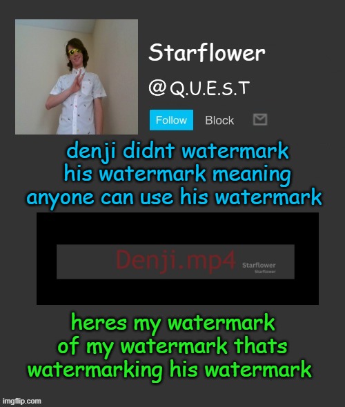 Starflower quest template | denji didnt watermark his watermark meaning anyone can use his watermark; heres my watermark of my watermark thats watermarking his watermark | image tagged in starflower quest template | made w/ Imgflip meme maker