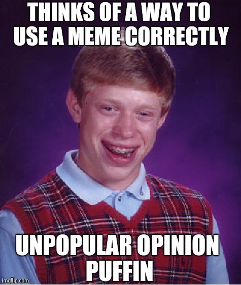 Bad Luck Brian Meme | THINKS OF A WAY TO USE A MEME CORRECTLY UNPOPULAR OPINION PUFFIN | image tagged in memes,bad luck brian,AdviceAnimals | made w/ Imgflip meme maker