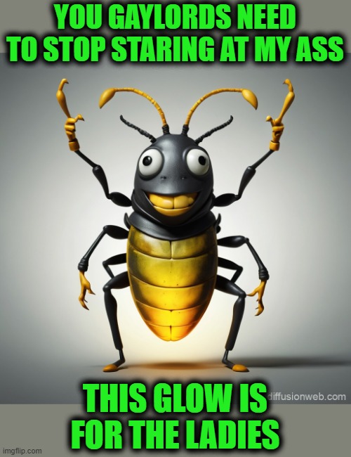 YOU GAYLORDS NEED TO STOP STARING AT MY ASS; THIS GLOW IS FOR THE LADIES | image tagged in firefly,lightning bug | made w/ Imgflip meme maker