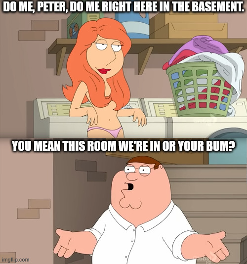 Lois Wants Peter to Do Her in the What Now? | DO ME, PETER, DO ME RIGHT HERE IN THE BASEMENT. YOU MEAN THIS ROOM WE'RE IN OR YOUR BUM? | image tagged in family guy,lois griffin,peter griffin,basement,bum | made w/ Imgflip meme maker