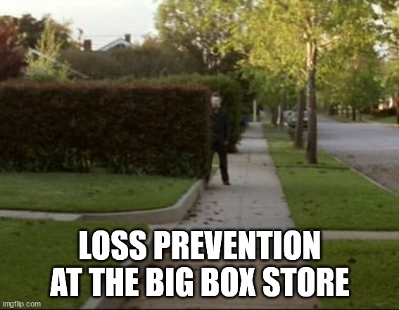Loss prevention | LOSS PREVENTION AT THE BIG BOX STORE | image tagged in michael myers waiting,loss prevention,watching,self checkout | made w/ Imgflip meme maker