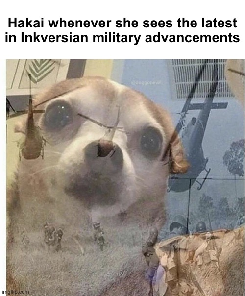 My own OC slander 1 | Hakai whenever she sees the latest in Inkversian military advancements | image tagged in ptsd chihuahua | made w/ Imgflip meme maker