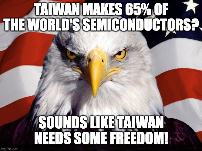 Taiwan's Semiconductor industry needs some FREEDOM! | TAIWAN MAKES 65% OF THE WORLD'S SEMICONDUCTORS? SOUNDS LIKE TAIWAN NEEDS SOME FREEDOM! | image tagged in freedom eagle,taiwan,taiwan semiconductor,semiconductor industry,computer industry | made w/ Imgflip meme maker