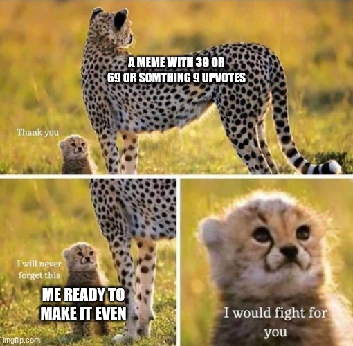 HUH i need to make it 10 | A MEME WITH 39 OR 69 OR SOMTHING 9 UPVOTES; ME READY TO MAKE IT EVEN | image tagged in i would fight for you | made w/ Imgflip meme maker