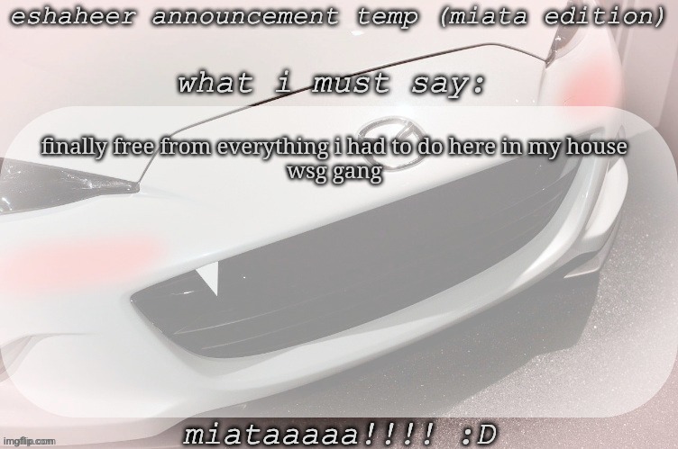 eshaheer announcement temp (miataaa :D) | finally free from everything i had to do here in my house
wsg gang | image tagged in eshaheer announcement temp miataaa d | made w/ Imgflip meme maker