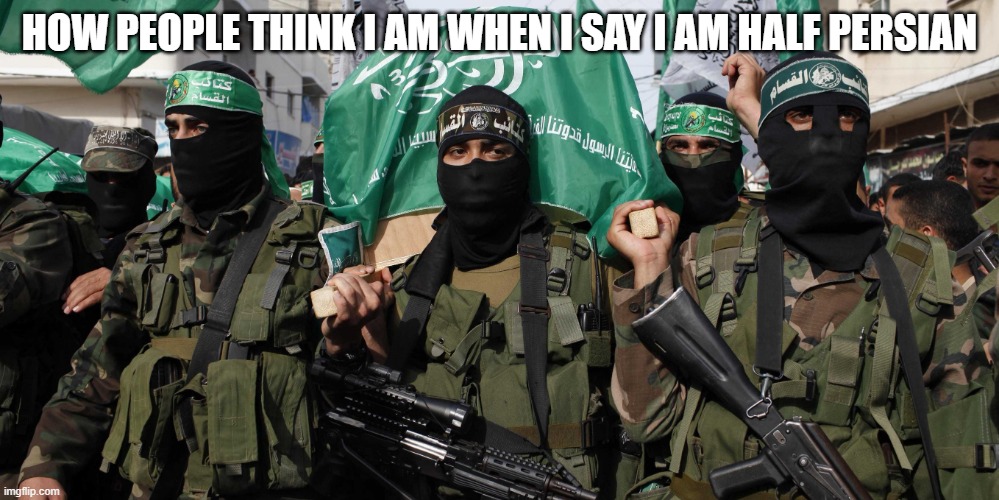 Hamas | HOW PEOPLE THINK I AM WHEN I SAY I AM HALF PERSIAN | image tagged in hamas | made w/ Imgflip meme maker