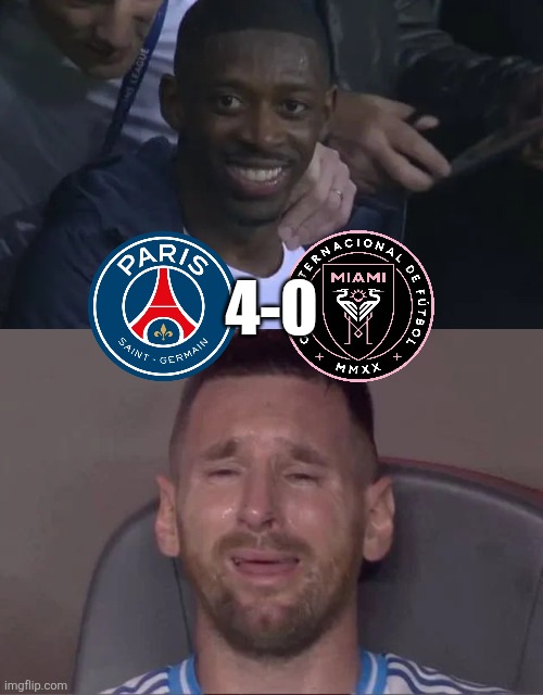 PSG - Miami 4-0 | 4-0 | image tagged in dembele smirk,messi crying at the copa america final 2024,inter miami,psg,club world cup,memes | made w/ Imgflip meme maker