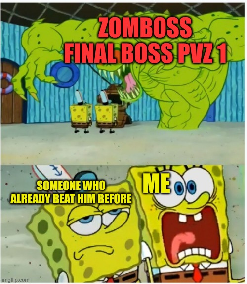 PvZ In A NutShell With Me And A Random Person Who Beat It. | ZOMBOSS FINAL BOSS PVZ 1; ME; SOMEONE WHO ALREADY BEAT HIM BEFORE | image tagged in spongebob squarepants scared but also not scared | made w/ Imgflip meme maker