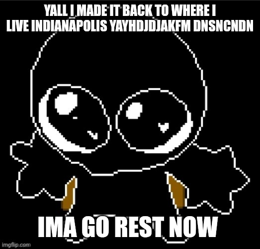 Yippi | YALL I MADE IT BACK TO WHERE I LIVE INDIANAPOLIS YAYHDJDJAKFM DNSNCNDN; IMA GO REST NOW | image tagged in zero goober | made w/ Imgflip meme maker