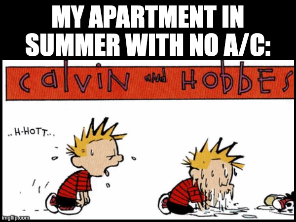 Thank god I finally got one | MY APARTMENT IN SUMMER WITH NO A/C: | image tagged in calvin and hobbes,weather,summer,heat,air conditioner,hot weather | made w/ Imgflip meme maker