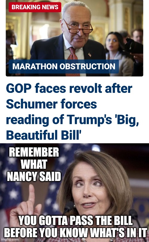 Shoe on the other foot, Chuck ? | REMEMBER WHAT NANCY SAID; YOU GOTTA PASS THE BILL BEFORE YOU KNOW WHAT'S IN IT | image tagged in nancy pelosi,chuck schumer,bill,liberals,leftists,democrats | made w/ Imgflip meme maker