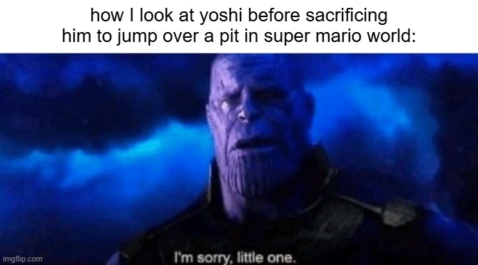 im sorry yosh | how I look at yoshi before sacrificing him to jump over a pit in super mario world: | image tagged in im sorry little one | made w/ Imgflip meme maker