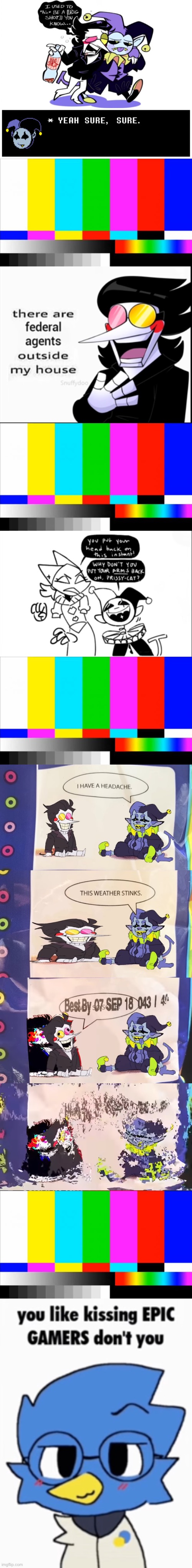 Spamton and jevil memes | image tagged in tv test card color,berdly smuggled his wa in here as well,idk,deltarune | made w/ Imgflip meme maker