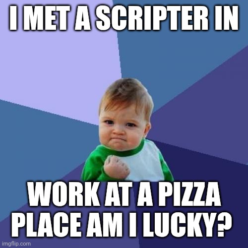 Lucky? | I MET A SCRIPTER IN; WORK AT A PIZZA PLACE AM I LUCKY? | image tagged in memes,success kid | made w/ Imgflip meme maker