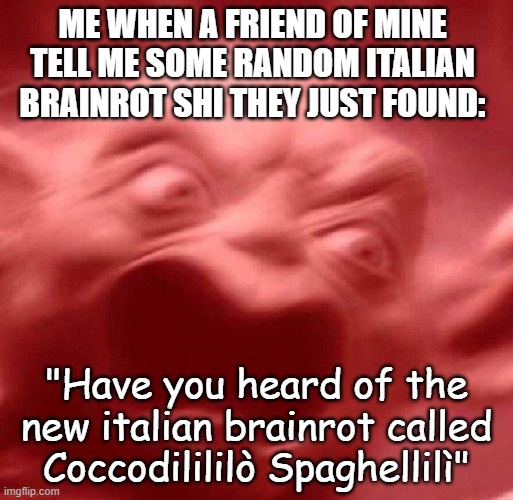 Those brainrots rlly pmo | ME WHEN A FRIEND OF MINE TELL ME SOME RANDOM ITALIAN BRAINROT SHI THEY JUST FOUND:; "Have you heard of the new italian brainrot called Coccodilililò Spaghellilì" | image tagged in italian brainrot,italian,brainrot,pissed off | made w/ Imgflip meme maker