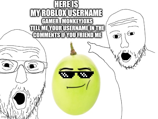 Friend me | HERE IS
MY ROBLOX USERNAME; GAMER_MONKEYJOXS

TELL ME YOUR USERNAME IN THE COMMENTS IF YOU FRIEND ME | image tagged in pls | made w/ Imgflip meme maker