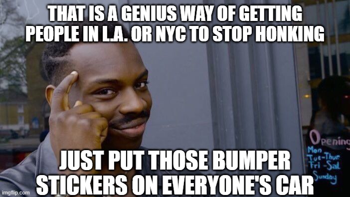 Roll Safe Think About It Meme | THAT IS A GENIUS WAY OF GETTING PEOPLE IN L.A. OR NYC TO STOP HONKING JUST PUT THOSE BUMPER STICKERS ON EVERYONE'S CAR | image tagged in memes,roll safe think about it | made w/ Imgflip meme maker