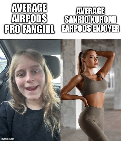 Who needs ANC when you got cuteness power? | AVERAGE AIRPODS PRO FANGIRL; AVERAGE SANRIO KUROMI EARPODS ENJOYER | image tagged in average fan vs average enjoyer but for girls,kuromi,sanrio,audiophile,funny,tradfemme | made w/ Imgflip meme maker