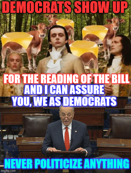 Chucky stepped in it again | DEMOCRATS SHOW UP; FOR THE READING OF THE BILL; AND I CAN ASSURE YOU, WE AS DEMOCRATS; NEVER POLITICIZE ANYTHING | image tagged in democrats,politicize,everything | made w/ Imgflip meme maker