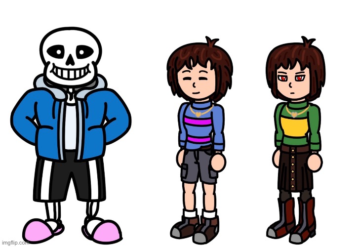 My take on Frisk and Chara (and Snas). Using my drawing of Pauline for reference, I got proportions much better this time | image tagged in drawing,undertale,frisk,chara,sand undertable,why are you reading the tags | made w/ Imgflip meme maker