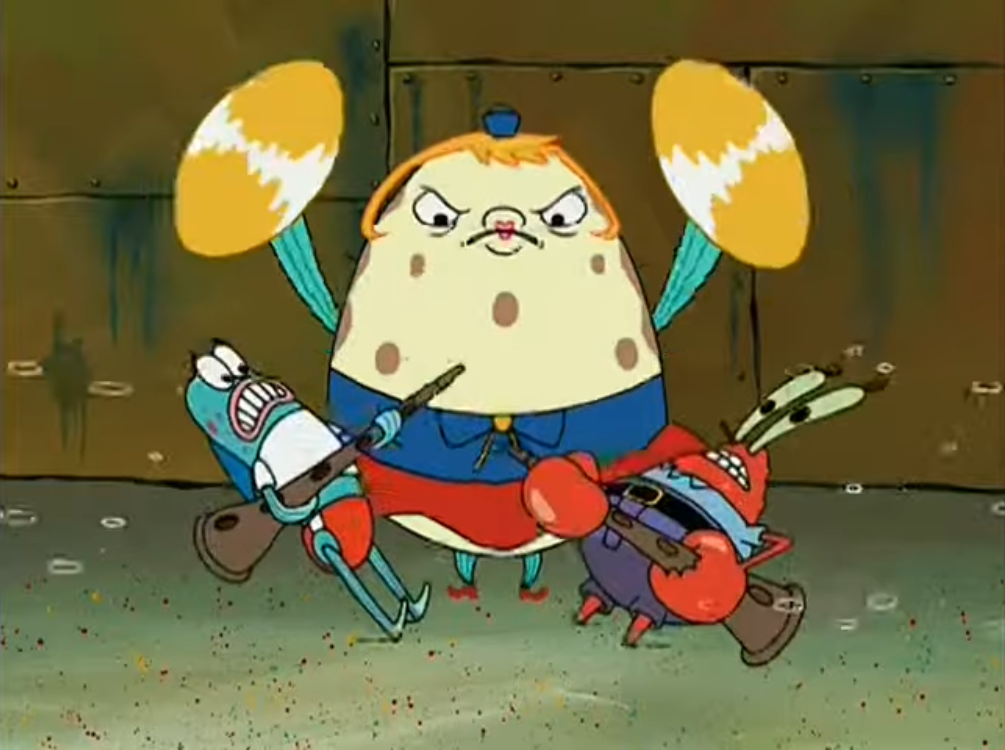 Mrs Puff slams Mr Krabs and Shark with tambourine Blank Meme Template
