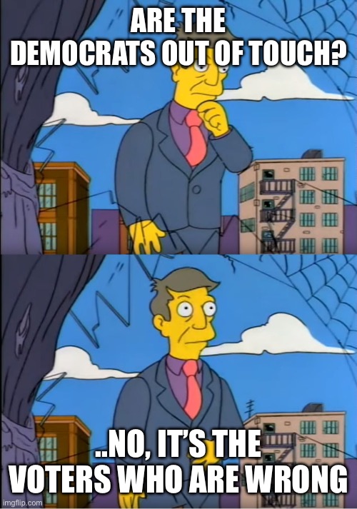 Skinner Out Of Touch | ARE THE DEMOCRATS OUT OF TOUCH? ..NO, IT’S THE VOTERS WHO ARE WRONG | image tagged in skinner out of touch | made w/ Imgflip meme maker