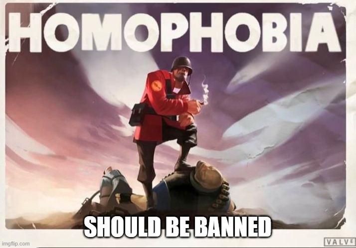 homophobia should be banned | SHOULD BE BANNED | image tagged in soldier tf2 homophobia | made w/ Imgflip meme maker