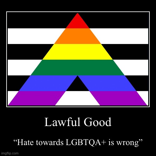 Lawful Good | “Hate towards LGBTQA+ is wrong” | image tagged in funny,demotivationals,straight ally,alignment chart | made w/ Imgflip demotivational maker