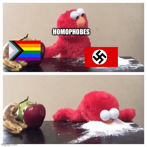 They would support Nazis instead of democracy | HOMOPHOBES | image tagged in elmo fruit vs sugar,lgbtq | made w/ Imgflip meme maker