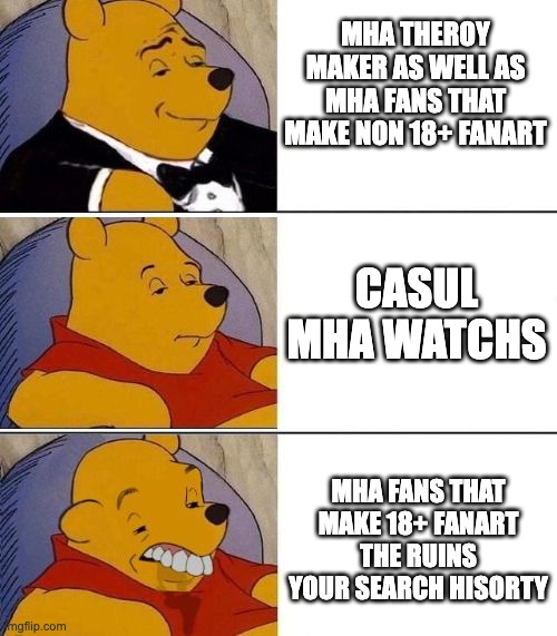Tuxedo on Top Winnie The Pooh (3 panel) | MHA THEROY MAKER AS WELL AS MHA FANS THAT MAKE NON 18+ FANART; CASUL MHA WATCHS; MHA FANS THAT MAKE 18+ FANART THE RUINS YOUR SEARCH HISORTY | image tagged in tuxedo on top winnie the pooh 3 panel,mha | made w/ Imgflip meme maker