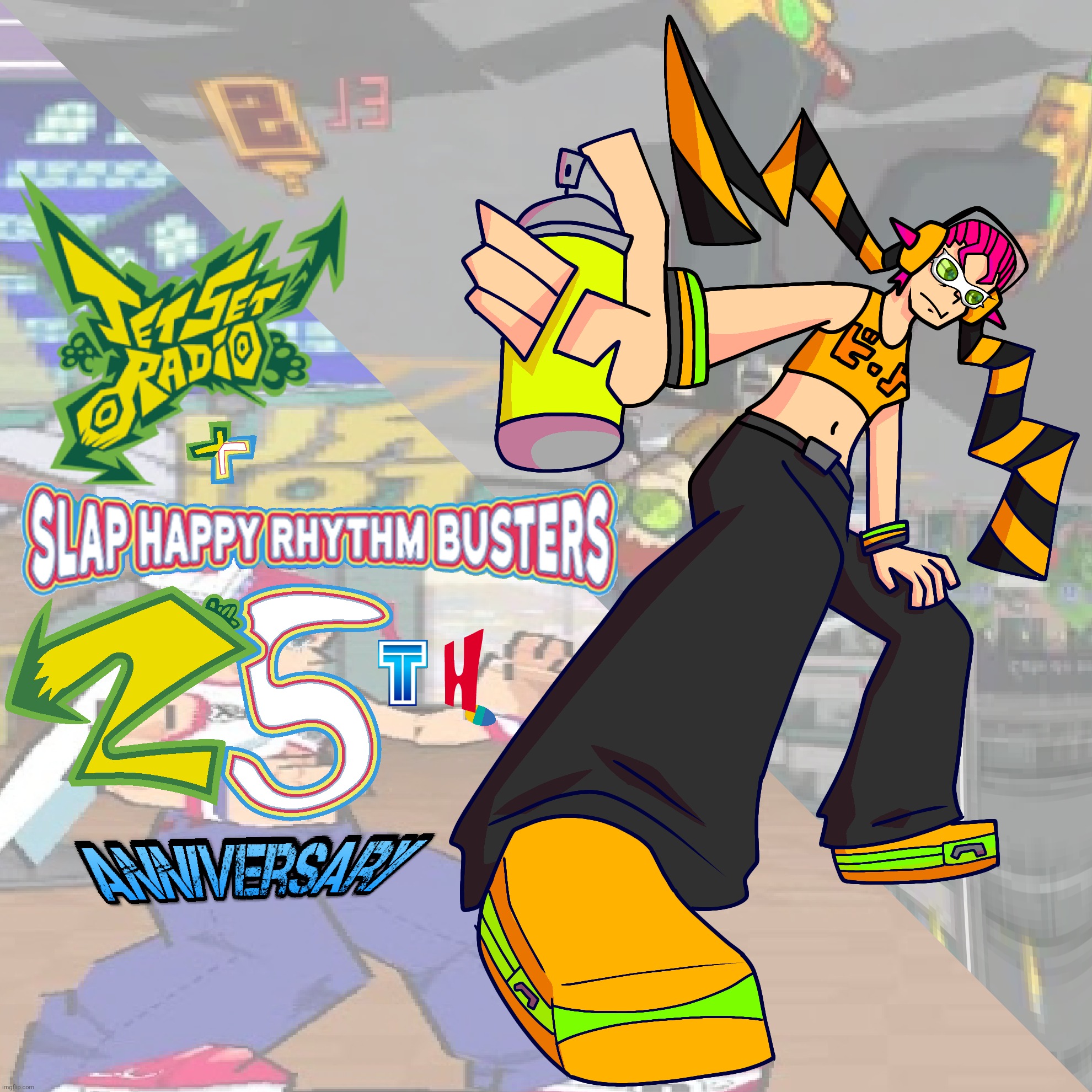 Art for the 25th Anniversary of Slap Happy Rhythm Busters and Jet Set Radio! | image tagged in art,jet set radio,slap happy rhythm busters,oh wow are you actually reading these tags,memes | made w/ Imgflip meme maker