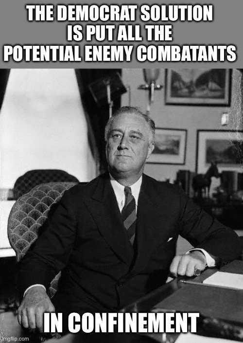 FdR | THE DEMOCRAT SOLUTION IS PUT ALL THE POTENTIAL ENEMY COMBATANTS IN CONFINEMENT | image tagged in fdr | made w/ Imgflip meme maker